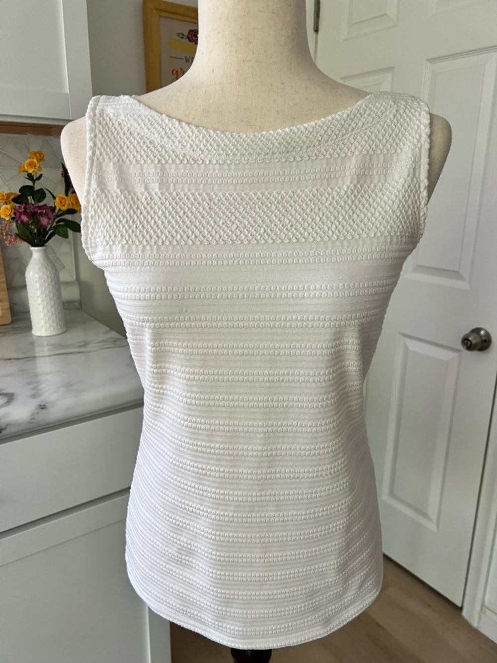 Anthropologie White Textured Knit Modest Casual Wide Neck Tank Top